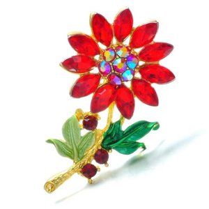 Golden Red Flower Brooch Spring Rose Poinsettia